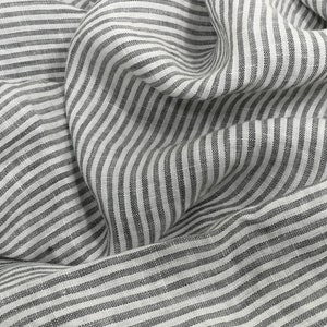 Softened pure linen fabric, white gray striped linen fabric, organic pure flax fabric with stripes, stonewashed linen by the meter, 130 gsm image 1