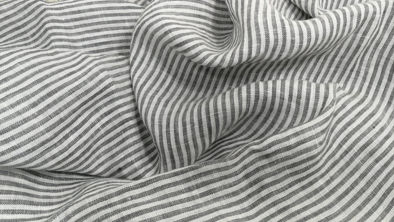 Softened pure linen fabric, white gray striped linen fabric, organic pure flax fabric with stripes, stonewashed linen by the meter, 130 gsm image 1