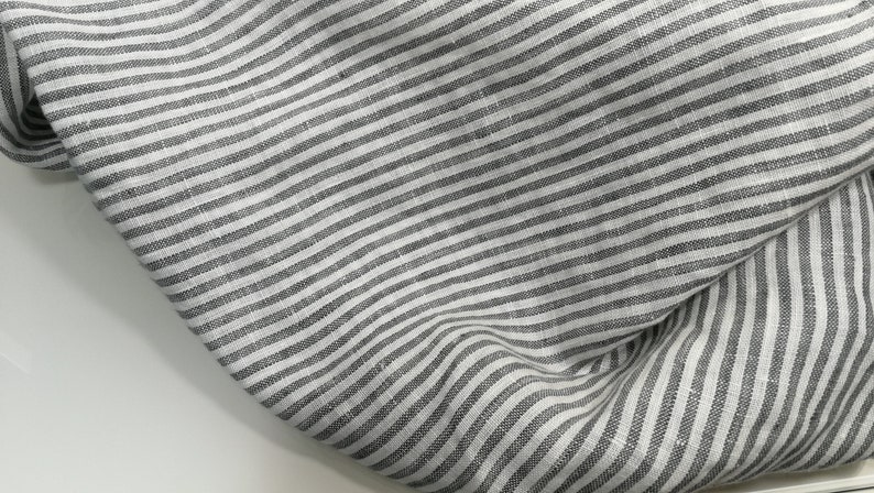 Softened pure linen fabric, white gray striped linen fabric, organic pure flax fabric with stripes, stonewashed linen by the meter, 130 gsm image 6
