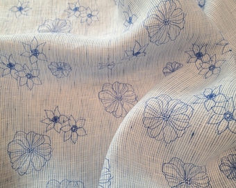 Softened pure linen fabric, white blue floral linen fabric, organic flax linen with narrow stripes, stonewashed linen by the yard, 130 gsm