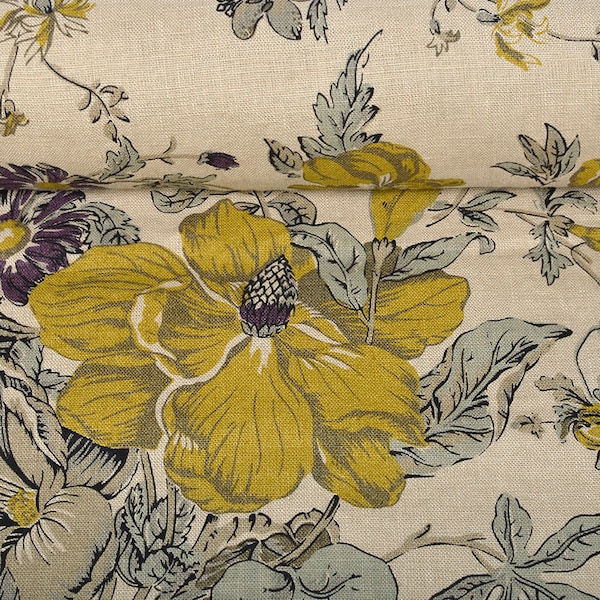 Softened floral pattern linen fabric, medium weight linen with flowers, 205 GSM. Washed linen fabric by the meter, linen fabric by the yard