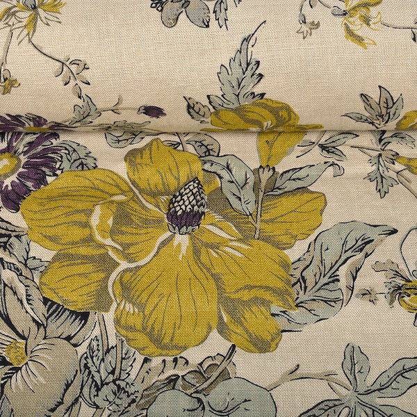 Tissu de lin à motif floral adouci, lin de poids moyen avec fleurs, 205 GSM. Tissu de lin lavé au mètre, tissu de lin par cour