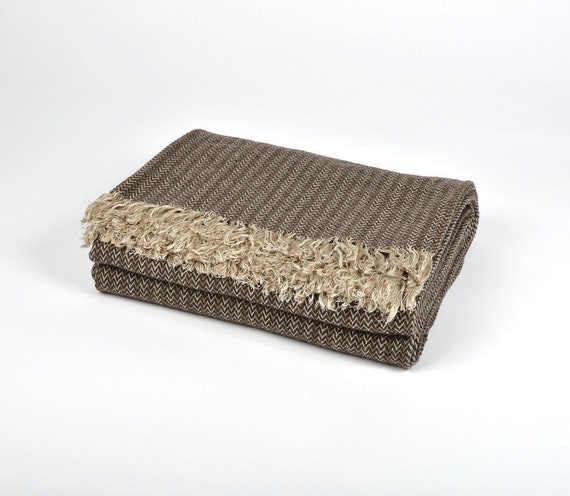 Linen Wool Blend Blanket Fringed Blanket Herringbone Linen Throw