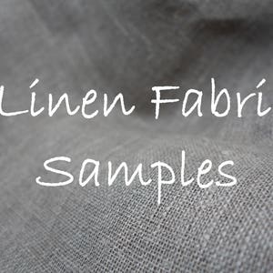 以下が含まれることがあります： 質感のあるグレーのリネン生地のクローズアップ。白い文字で「Linen Fabric Samples」と書かれています。