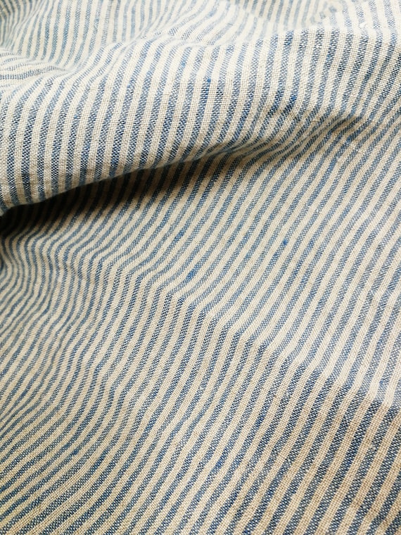 Softened Pure Linen Fabric, Natural Blue Striped Linen Fabric