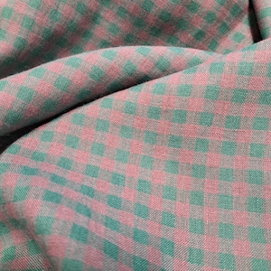 Checked pure linen fabric, green grey gingham checked linen, 195 GSM, softened washed linen fabric by the yard, linen fabric by the meter
