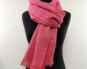 Long living coral linen scarf, pure linen shawl, softened linen scarf, medium weight scarf, fringed linen scarf, unisex shawl in gift box