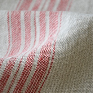 Striped linen fabric by the meter, natural linen, striped linen, softened linen fabric, red stripes, French grain sack, 350 GSM, upholstery