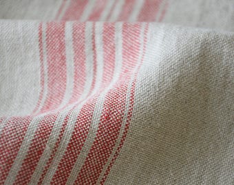 Striped linen fabric by the meter, natural linen, striped linen, softened linen fabric, red stripes, French grain sack, 350 GSM, upholstery