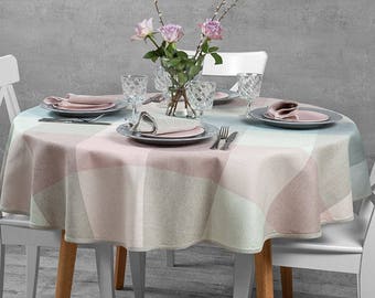 Linen tablecloth, round tablecloth, oval tablecloth, multicolored tablecloth, checked linen tablecloth, wedding dinner kitchen tablecloth