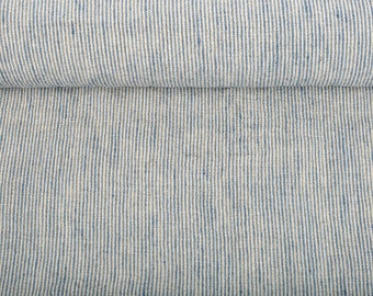 Softened pure linen fabric, natural blue striped linen fabric, organic flax linen with narrow stripes, stonewashed linen by the yard, 200gsm