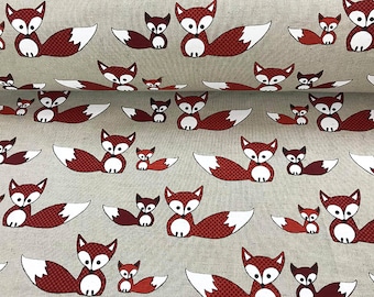 Linen cotton blend fabric, printed linen fabric with foxes, linen by the meter, linen by the yard, natural flax grey beige color fabric