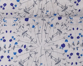 Softened floral pattern linen fabric, LIGHTER WEIGHT linen with flowers, 160 GSM. Washed linen fabric by the meter, linen fabric by the yard