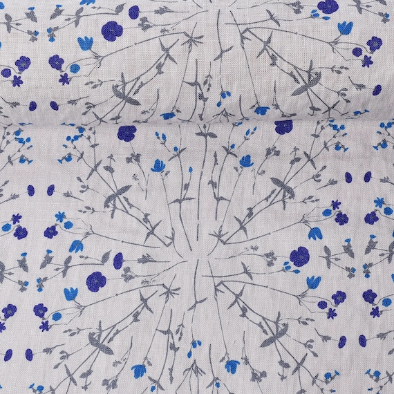 Softened floral pattern linen fabric, LIGHTER WEIGHT linen with flowers, 160 GSM. Washed linen fabric by the meter, linen fabric by the yard