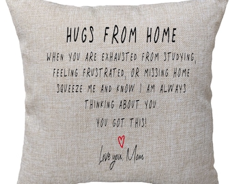 Personalized Hugs From Home Pillow, Dorm Decor, Going Away Gift, Dorm Room Pillow, Gift for Daughter, College Dorm Gift, College Gift