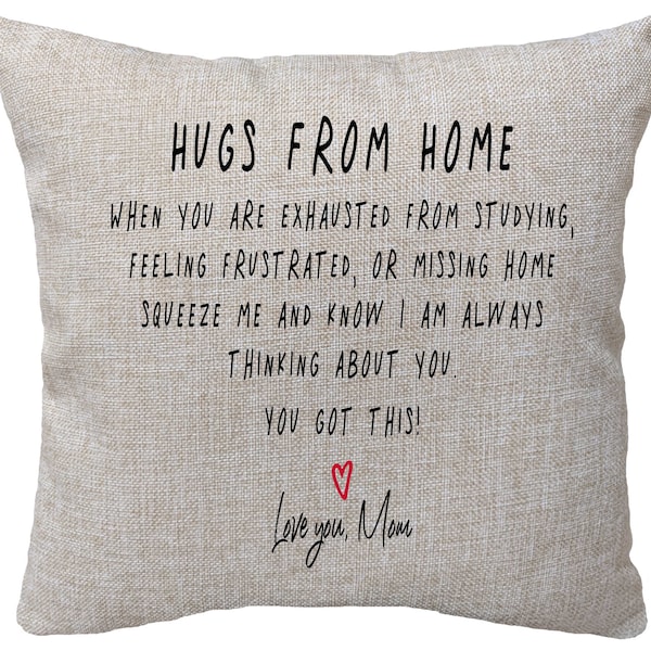 Personalized Hugs From Home Pillow, Dorm Decor, Going Away Gift, Dorm Room Pillow, Gift for Daughter, College Dorm Gift, College Gift