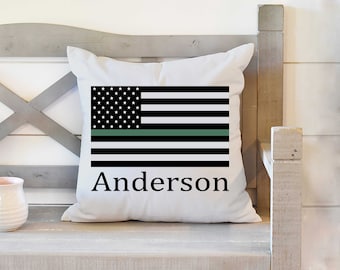 Thin Green Line Army Military Flag, Border Patrol Wife Gift, Park Ranger, Game Warden Gift, Wildlife Conservation Pillow, Border Patrol