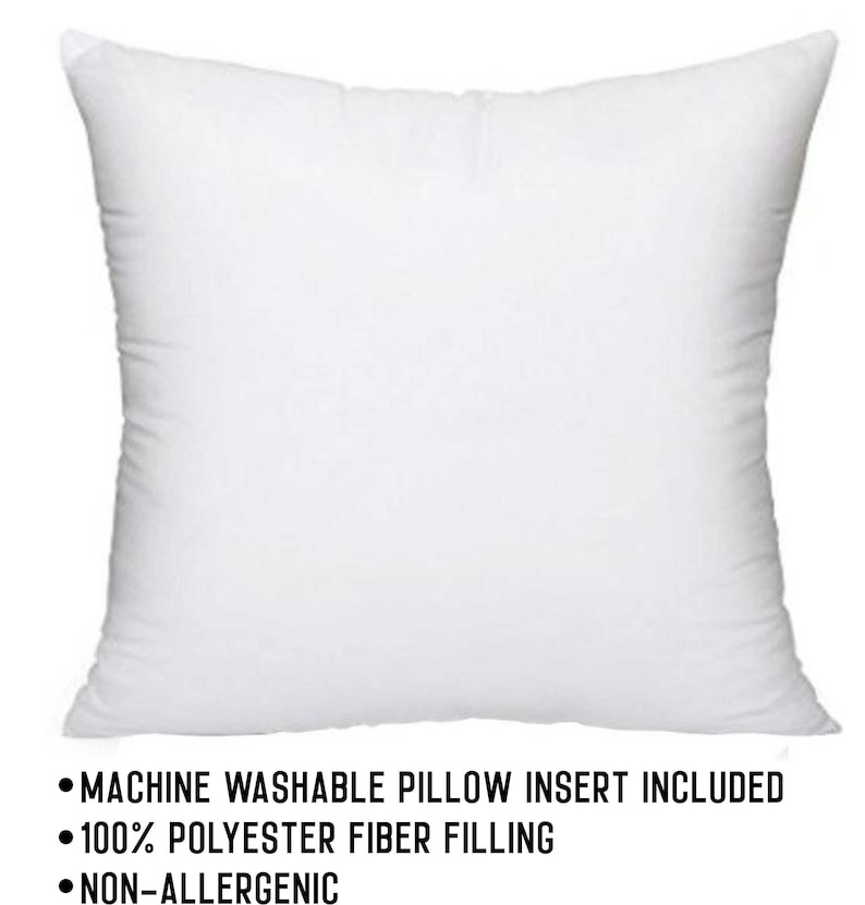 May include: White square pillow insert with a white fabric cover. Machine washable, 100% polyester fiber filling, and non-allergenic.
