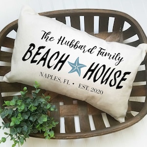 Personalized Beach House Pillow, Beach Home Decor, Family Name Pillow, Housewarming Gift, Established Date Decor, Cottage Chic Beach Decor