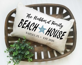 Personalized Beach House Pillow, Beach Home Decor, Family Name Pillow, Housewarming Gift, Established Date Decor, Cottage Chic Beach Decor