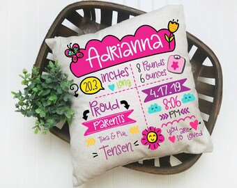 Personalized Girls Birth Announcement Pillow, Birth Keepsake Pillow, Birth Annoncement Pillow, Birth Stats Pillow, Baby Shower Gift, Newborn