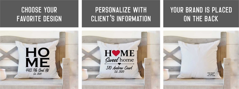 May include: Three white throw pillows on a wooden bench. The first pillow has the word "HOME" in large black letters with the address "4483 796 Shreed NW, GA 2020" underneath. The second pillow has a red heart with the words "HOME Sweet home" and the address "510 Andrew Court, GA 2020" underneath. The third pillow is blank.