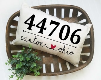 Zip Code Pillow Cover, City Pillow, Real Estate Closing Gift, Realtor Gift Ideas, House Warming Gift, City State Zip Code, Location Pillow