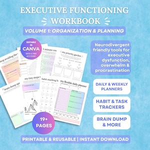 Cuaderno de ejercicios de funciones ejecutivas para TDAH, planificador imprimible para TDAH, hojas de trabajo de productividad, planificador de vida para TDAH, plantilla personalizada de Canva (Vol. 1)