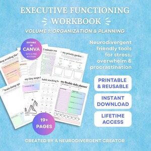 Cuaderno de ejercicios de funciones ejecutivas para el TDAH (Vol. 1), planificador imprimible para el TDAH, hojas de trabajo de productividad, planificador de vida para el TDAH, plantilla personalizada de Canva