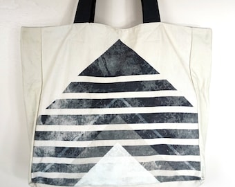 Printed Canvas Tote Bag- White with Blue