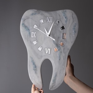 Resin Tooth Clock: Aquamarine Stones, Roman Numerals - Dentist Office Decor