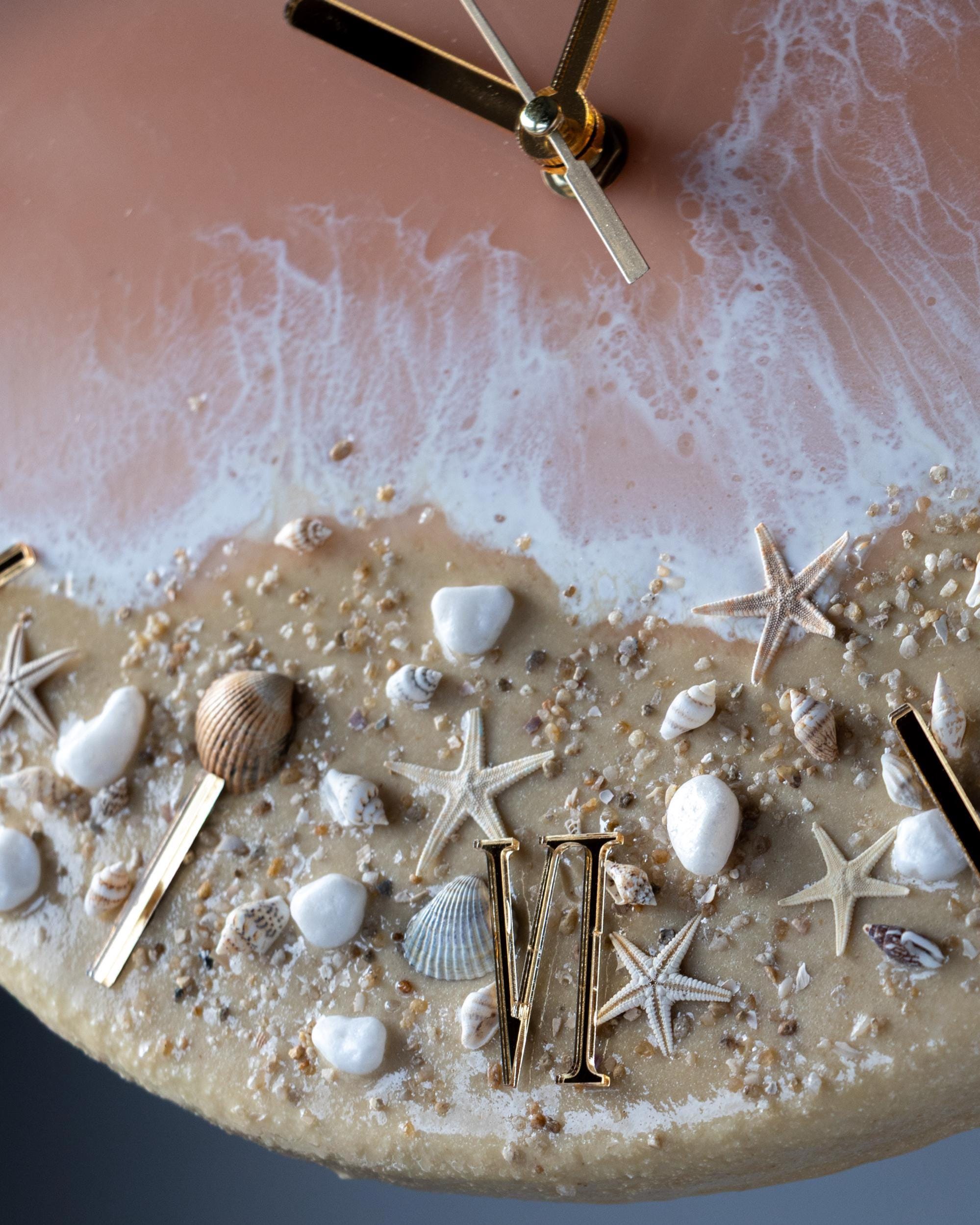Resin Ocean Clock: Peach Coastal Wall Art With Natural Shells and