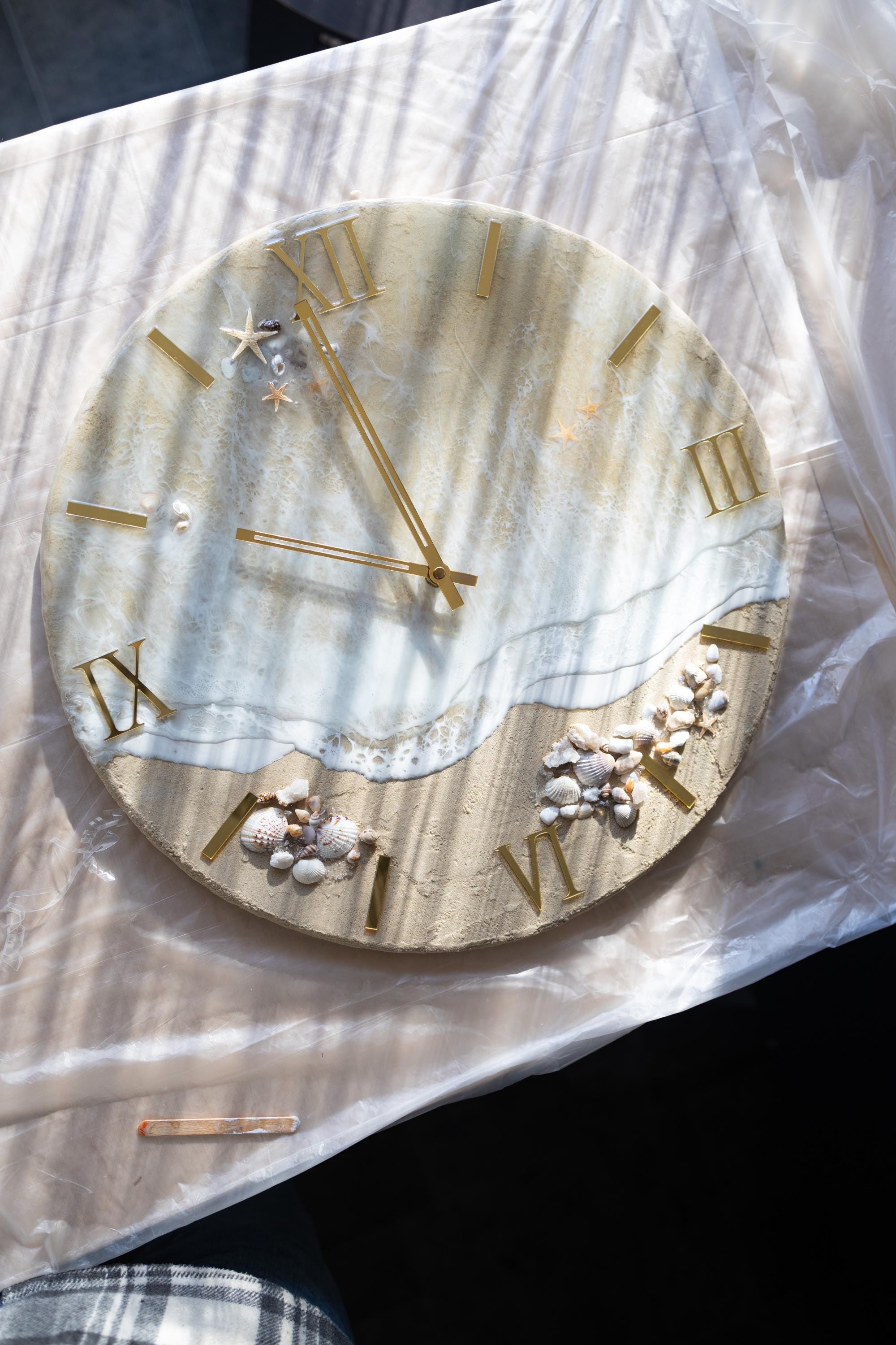 Beach Resin Wall Clock With Gold Roman Numerals – Handmade Ocean ...