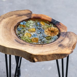 Resin Table, Walnut Wood Coffee Table with Real Pressed Flowers in Resin – Handmade Live Edge Botanical End Table with Hairpin Legs