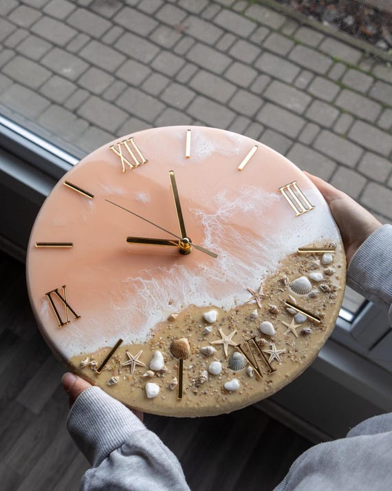 Resin Ocean Clock: Peach Coastal Wall Art With Natural Shells and