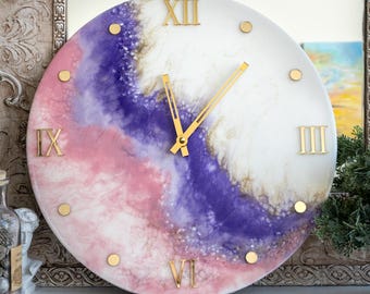 Marble Resin Wall Clock | Pink, Purple, and Cream Art