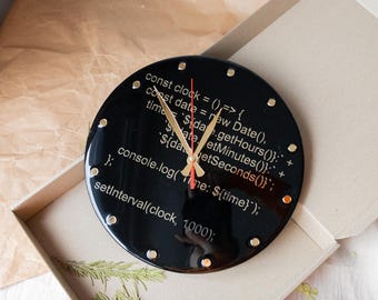 JavaScript Code Wall Clock: Geeky Black Resin Tech Decor