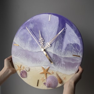 Ocean Resin Wall Clock: Lavender Coastal Decor with Seashells