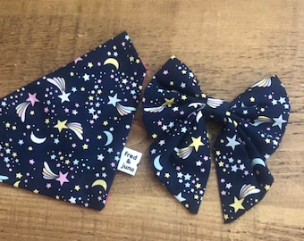 Dog Bandana Matching Set, Shooting Stars Pattern, Hair Scrunchie, Sailor Bow Tie, Gifts for Dog Moms, Pets, Handmade, Fred & Juno