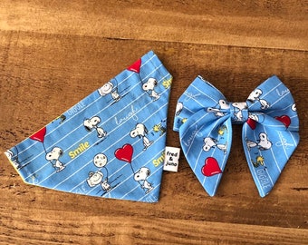 Snoopy Dog and Puppy Bandana Set including Sailor Bow Tie and Scrunchie, Handmade by Fred & Juno