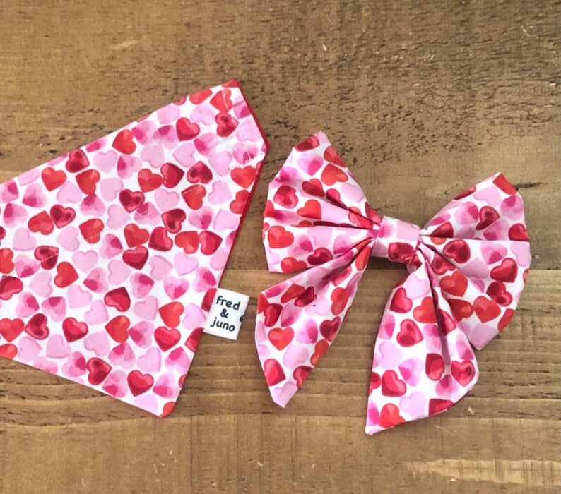 May include: A pink and red heart print dog bandana and bow tie set. The bandana has a white background with red and pink hearts. The bow tie is also white with red and pink hearts. The bandana has a label that says "fred & juno".