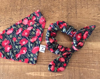 Poppy Flowers Dog and Puppy Bandana Set with Matching Scrunchie and Sailor Bow Tie