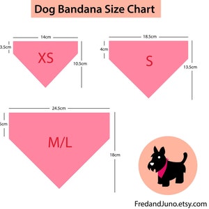 May include: Dog bandana size chart with three different sizes: XS, S, and M/L. The chart shows the measurements in centimeters for each size. The chart also includes a silhouette of a dog wearing a bandana.