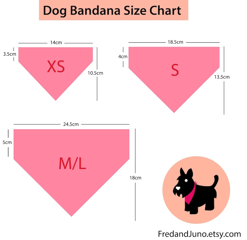 May include: Dog bandana size chart with three different sizes: XS, S, and M/L. The chart shows the measurements in centimeters for each size. The chart also includes a silhouette of a dog wearing a bandana.