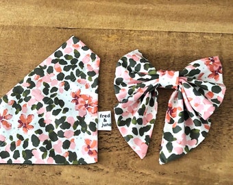 Dog Bandana Matching Set, Floral Pattern, Hair Scrunchie, Sailor Bow Tie, Gifts for Dog Moms, Pets, Handmade, Fred and Juno