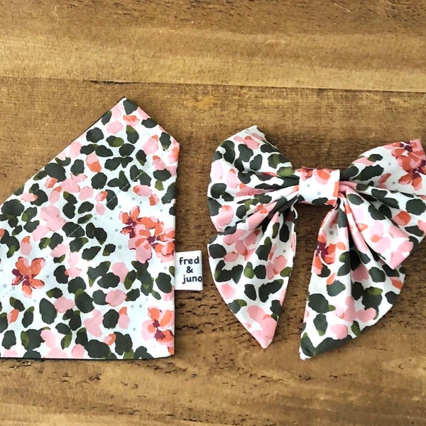 Dog Bandana Matching Set, Floral Pattern, Hair Scrunchie, Sailor Bow Tie, Gifts for Dog Moms, Pets, Handmade, Fred and Juno