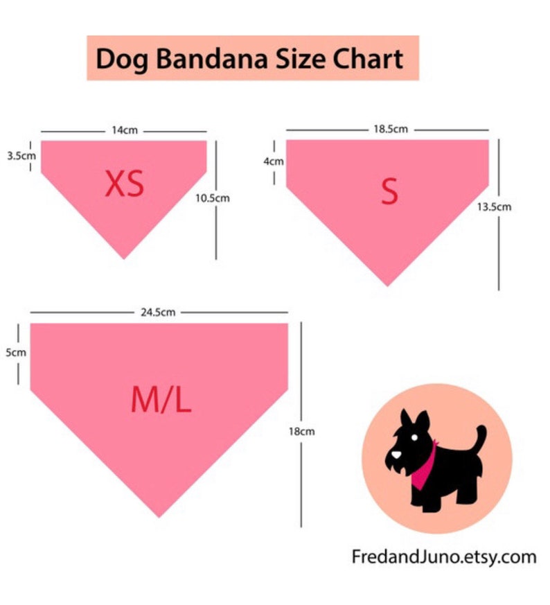 May include: Dog bandana size chart with measurements in centimeters. The chart shows four bandanas in pink with the sizes XS, S, M/L. The chart also includes a black silhouette of a dog wearing a pink bandana.