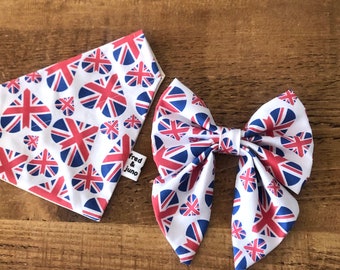 Union Jack Matching Dog Bandana Set, Sailor Bow Tie, Hair Scrunchie, Dog Mom Gifts, Handmade, Fred and Juno