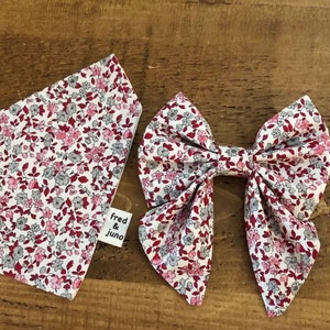 Dog Bandana Matching Set, Liberty London ditsy pattern, Sailor Bow Tie, Hair Scrunchie, Dog Mom Gifts, Handmade, Pets, Fred and Juno image 1