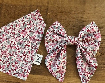 Dog Bandana Matching Set, Liberty London ditsy pattern, Sailor Bow Tie, Hair Scrunchie, Dog Mom Gifts, Handmade, Pets, Fred and Juno